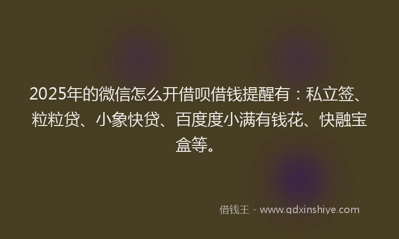 2025年的微信怎么开借呗借钱提醒有：私立签、粒粒贷、小象快贷、百度度小满有钱花、快融宝盒等。