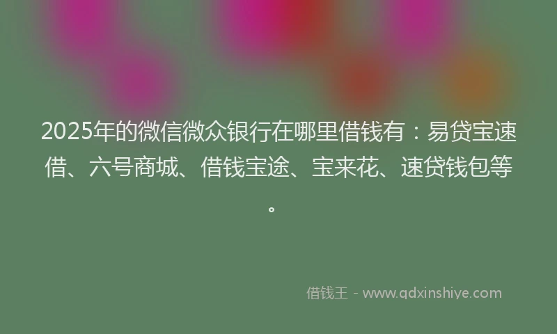 2025年的微信微众银行在哪里借钱有：易贷宝速借、六号商城、借钱宝途、宝来花、速贷钱包等。