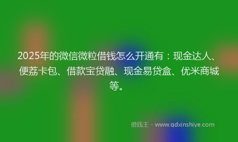 2025年的微信微粒借钱怎么开通有：现金达人、便荔卡包、借款宝贷融、现金易贷盒、优米商城等。