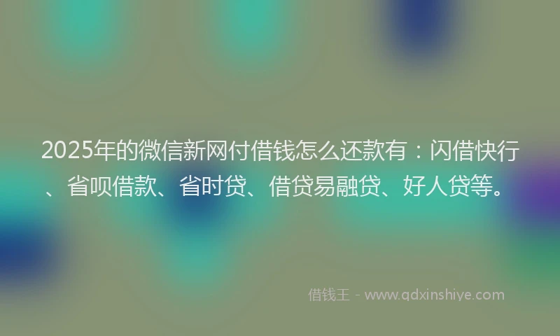 2025年的微信新网付借钱怎么还款有：闪借快行、省呗借款、省时贷、借贷易融贷、好人贷等。