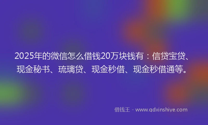 2025年的微信怎么借钱20万块钱有：信贷宝贷、现金秘书、琉璃贷、现金秒借、现金秒借通等。