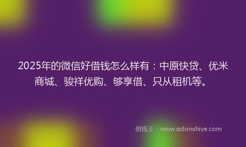 2025年的微信好借钱怎么样有：中原快贷、优米商城、骏祥优购、够享借、只从租机等。
