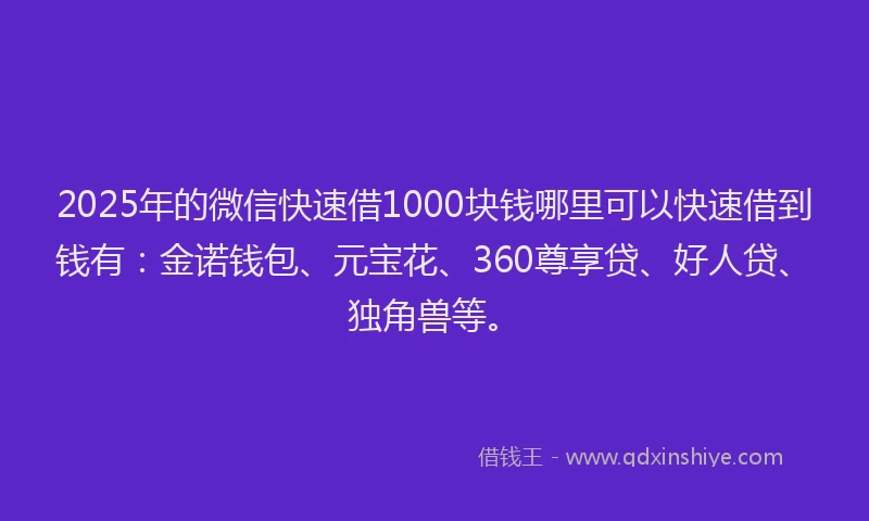 2025年的微信快速借1000块钱哪里可以快速借到钱有：金诺钱包、元宝花、360尊享贷、好人贷、独角兽等。