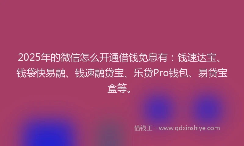 2025年的微信怎么开通借钱免息有：钱速达宝、钱袋快易融、钱速融贷宝、乐贷Pro钱包、易贷宝盒等。