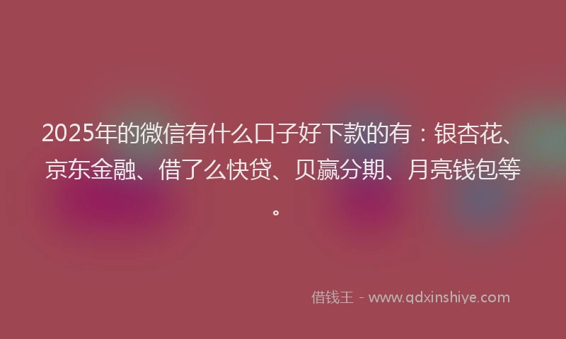2025年的微信有什么口子好下款的有：银杏花、京东金融、借了么快贷、贝赢分期、月亮钱包等。