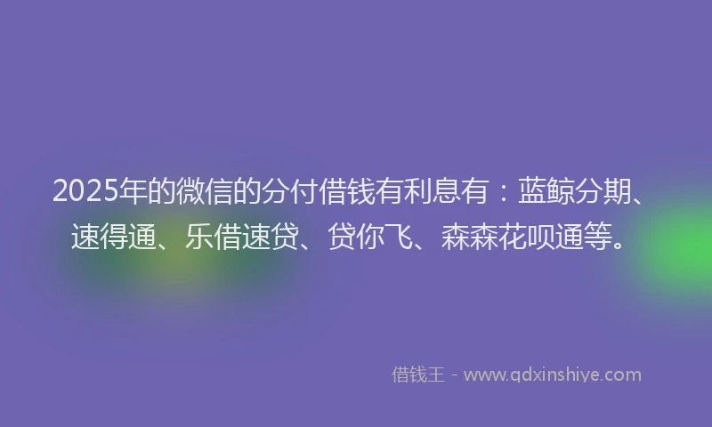 2025年的微信的分付借钱有利息有：蓝鲸分期、速得通、乐借速贷、贷你飞、森森花呗通等。