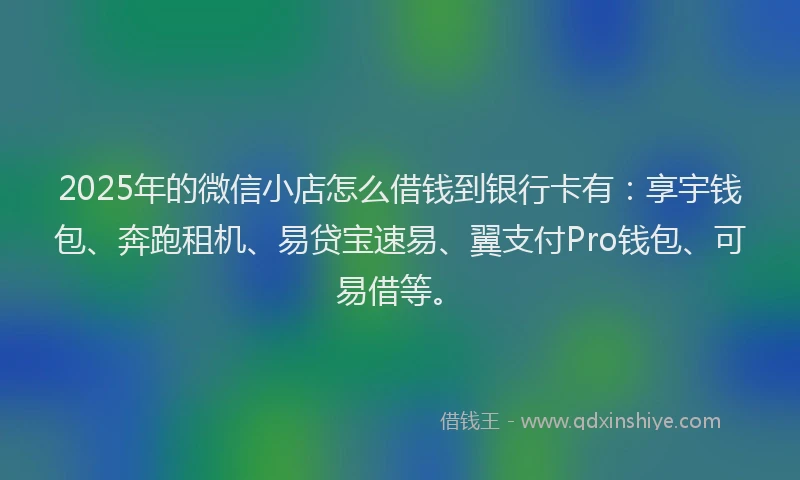 2025年的微信小店怎么借钱到银行卡有：享宇钱包、奔跑租机、易贷宝速易、翼支付Pro钱包、可易借等。