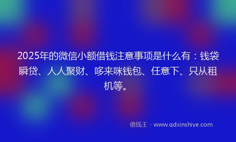 2025年的微信小额借钱注意事项是什么有：钱袋瞬贷、人人聚财、哆来咪钱包、任意下、只从租机等。