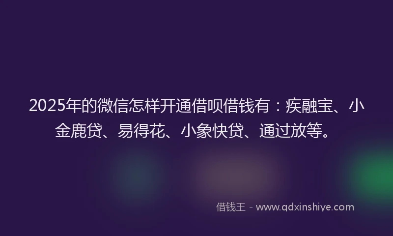 2025年的微信怎样开通借呗借钱有：疾融宝、小金鹿贷、易得花、小象快贷、通过放等。