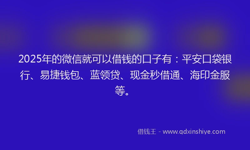 2025年的微信就可以借钱的口子有：平安口袋银行、易捷钱包、蓝领贷、现金秒借通、海印金服等。