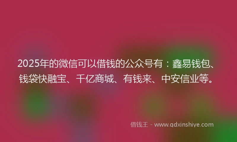 2025年的微信可以借钱的公众号有：鑫易钱包、钱袋快融宝、千亿商城、有钱来、中安信业等。