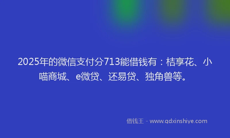 2025年的微信支付分713能借钱有：桔享花、小喵商城、e微贷、还易贷、独角兽等。