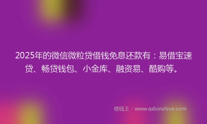 2025年的微信微粒贷借钱免息还款有：易借宝速贷、畅贷钱包、小金库、融资易、酷购等。