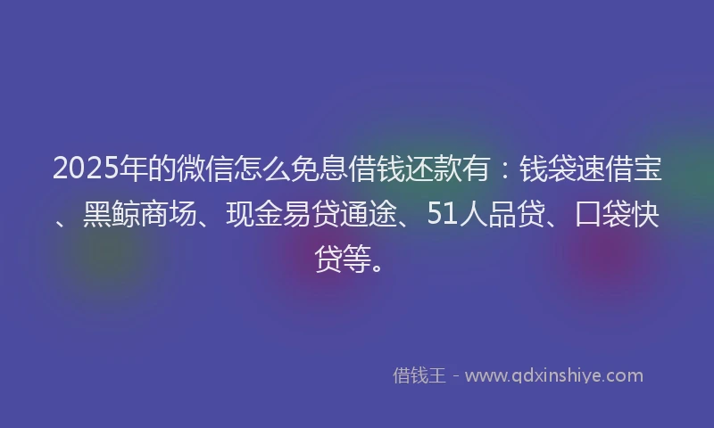 2025年的微信怎么免息借钱还款有：钱袋速借宝、黑鲸商场、现金易贷通途、51人品贷、口袋快贷等。