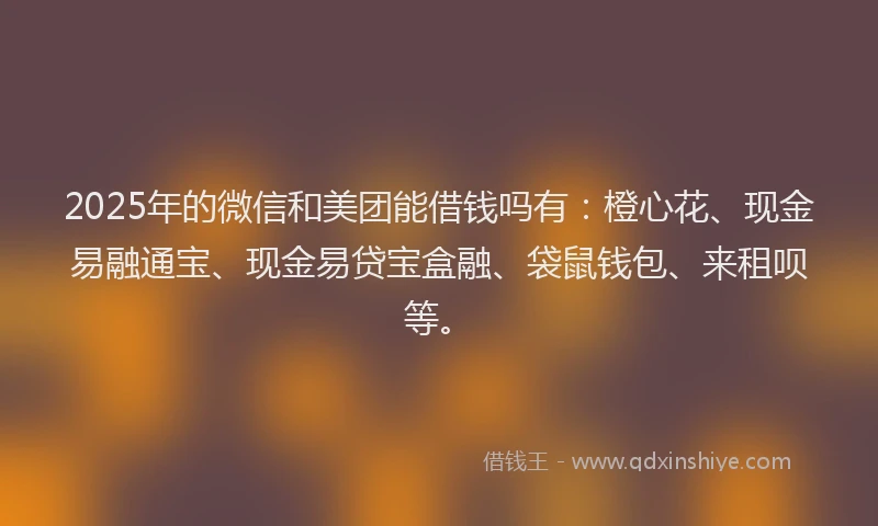 2025年的微信和美团能借钱吗有：橙心花、现金易融通宝、现金易贷宝盒融、袋鼠钱包、来租呗等。