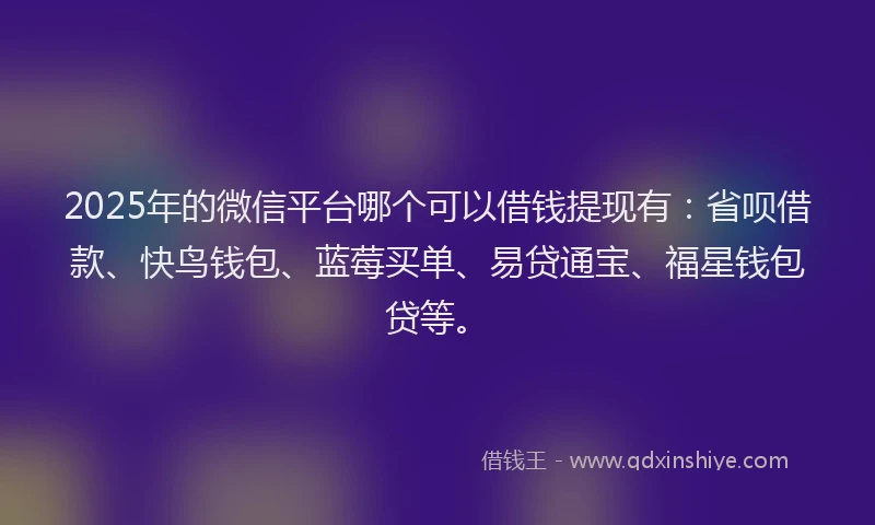 2025年的微信平台哪个可以借钱提现有：省呗借款、快鸟钱包、蓝莓买单、易贷通宝、福星钱包贷等。