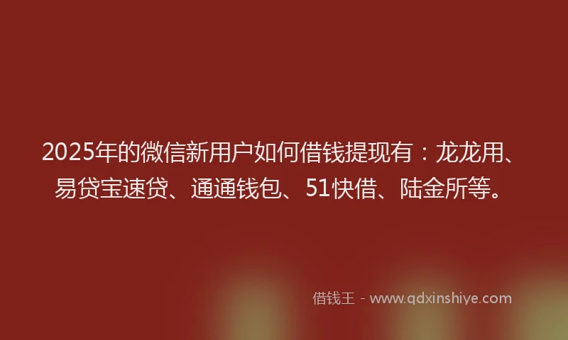2025年的微信新用户如何借钱提现有：龙龙用、易贷宝速贷、通通钱包、51快借、陆金所等。
