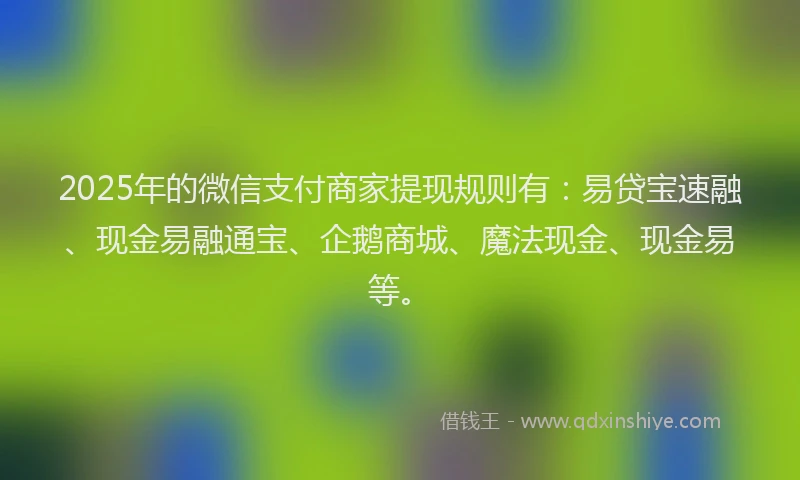 2025年的微信支付商家提现规则有：易贷宝速融、现金易融通宝、企鹅商城、魔法现金、现金易等。