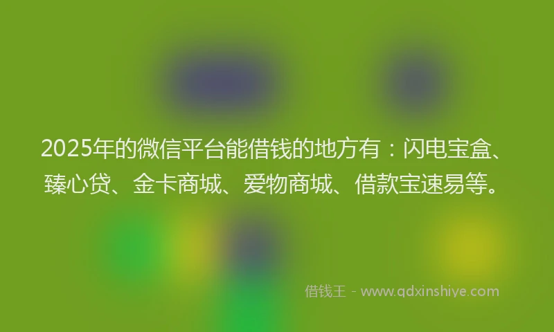 2025年的微信平台能借钱的地方有：闪电宝盒、臻心贷、金卡商城、爱物商城、借款宝速易等。