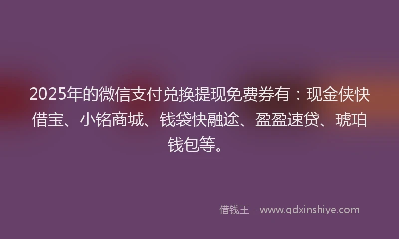 2025年的微信支付兑换提现免费券有：现金侠快借宝、小铭商城、钱袋快融途、盈盈速贷、琥珀钱包等。