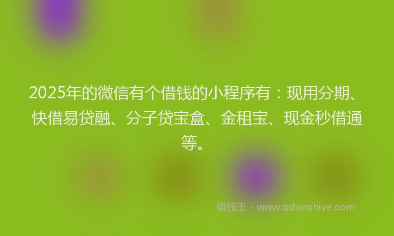 2025年的微信有个借钱的小程序有：现用分期、快借易贷融、分子贷宝盒、金租宝、现金秒借通等。