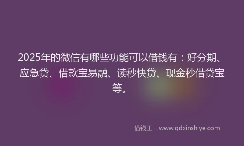 2025年的微信有哪些功能可以借钱有：好分期、应急贷、借款宝易融、读秒快贷、现金秒借贷宝等。