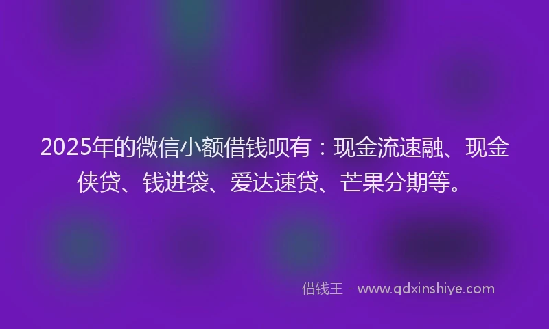 2025年的微信小额借钱呗有：现金流速融、现金侠贷、钱进袋、爱达速贷、芒果分期等。