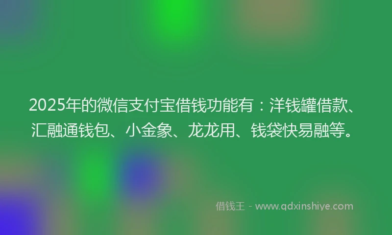 2025年的微信支付宝借钱功能有：洋钱罐借款、汇融通钱包、小金象、龙龙用、钱袋快易融等。