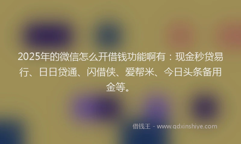 2025年的微信怎么开借钱功能啊有：现金秒贷易行、日日贷通、闪借侠、爱帮米、今日头条备用金等。