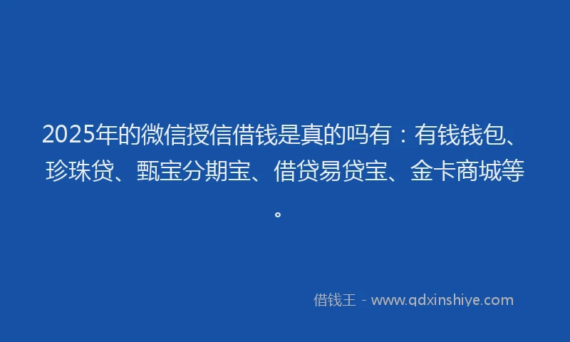 2025年的微信授信借钱是真的吗有：有钱钱包、珍珠贷、甄宝分期宝、借贷易贷宝、金卡商城等。