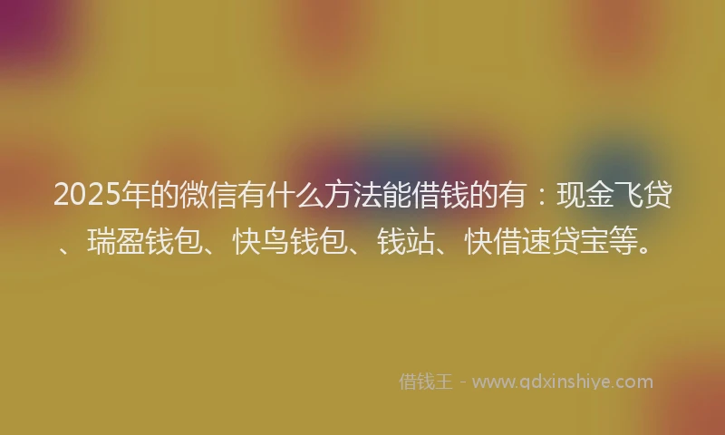 2025年的微信有什么方法能借钱的有：现金飞贷、瑞盈钱包、快鸟钱包、钱站、快借速贷宝等。