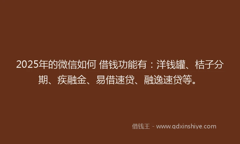 2025年的微信如何 借钱功能有：洋钱罐、桔子分期、疾融金、易借速贷、融逸速贷等。
