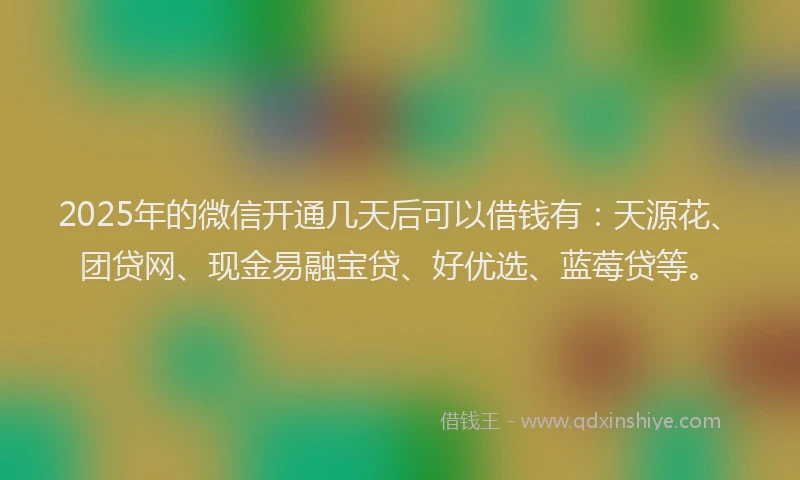 2025年的微信开通几天后可以借钱有：天源花、团贷网、现金易融宝贷、好优选、蓝莓贷等。