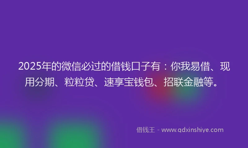 2025年的微信必过的借钱口子有：你我易借、现用分期、粒粒贷、速享宝钱包、招联金融等。