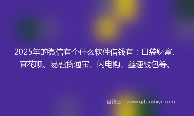 2025年的微信有个什么软件借钱有：口袋财富、宜花呗、易融贷通宝、闪电购、鑫速钱包等。