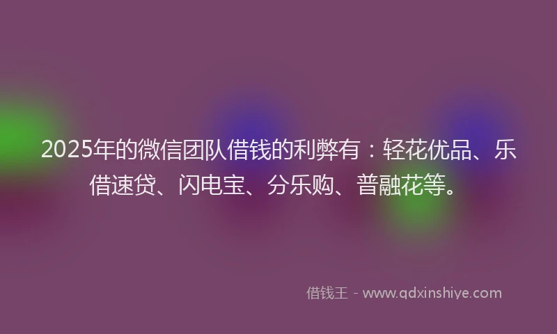 2025年的微信团队借钱的利弊有：轻花优品、乐借速贷、闪电宝、分乐购、普融花等。