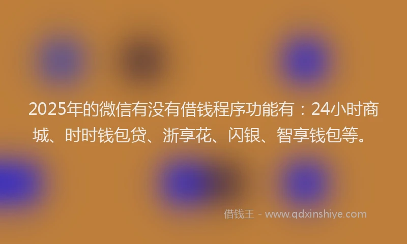 2025年的微信有没有借钱程序功能有：24小时商城、时时钱包贷、浙享花、闪银、智享钱包等。