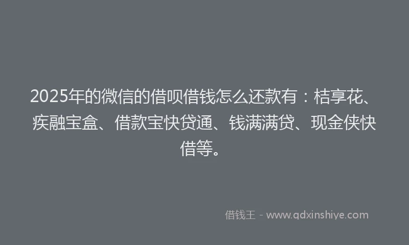 2025年的微信的借呗借钱怎么还款有：桔享花、疾融宝盒、借款宝快贷通、钱满满贷、现金侠快借等。