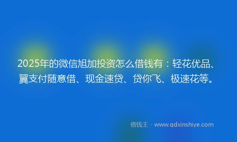 2025年的微信旭加投资怎么借钱有：轻花优品、翼支付随意借、现金速贷、贷你飞、极速花等。