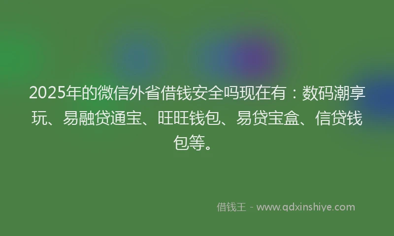 2025年的微信外省借钱安全吗现在有：数码潮享玩、易融贷通宝、旺旺钱包、易贷宝盒、信贷钱包等。
