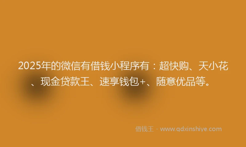 2025年的微信有借钱小程序有：超快购、天小花、现金贷款王、速享钱包+、随意优品等。