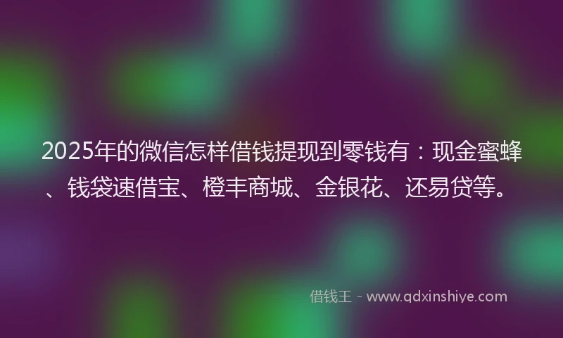 2025年的微信怎样借钱提现到零钱有：现金蜜蜂、钱袋速借宝、橙丰商城、金银花、还易贷等。