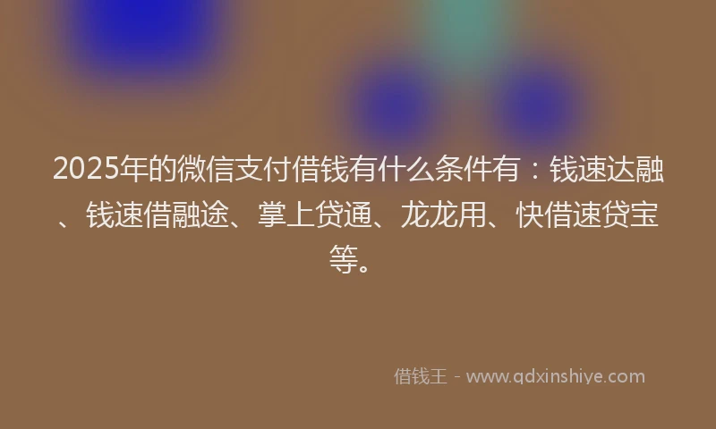 2025年的微信支付借钱有什么条件有：钱速达融、钱速借融途、掌上贷通、龙龙用、快借速贷宝等。