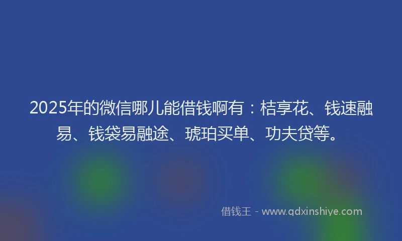 2025年的微信哪儿能借钱啊有：桔享花、钱速融易、钱袋易融途、琥珀买单、功夫贷等。