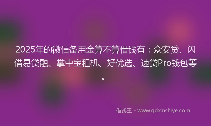 2025年的微信备用金算不算借钱有：众安贷、闪借易贷融、掌中宝租机、好优选、速贷Pro钱包等。