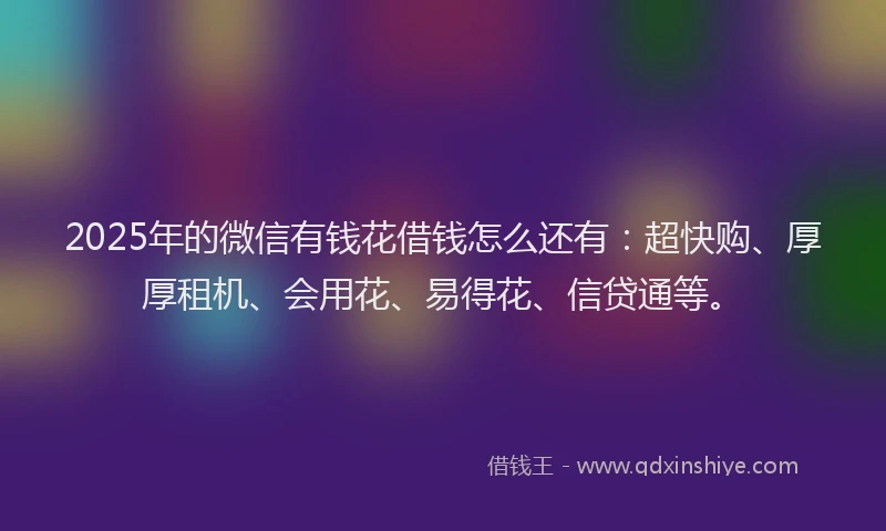 2025年的微信有钱花借钱怎么还有：超快购、厚厚租机、会用花、易得花、信贷通等。