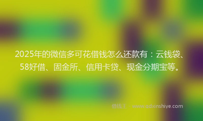 2025年的微信多可花借钱怎么还款有：云钱袋、58好借、固金所、信用卡贷、现金分期宝等。