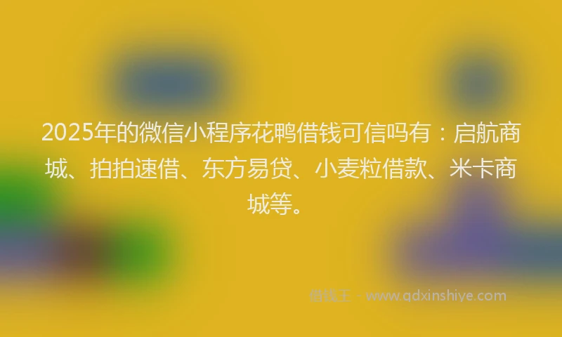 2025年的微信小程序花鸭借钱可信吗有：启航商城、拍拍速借、东方易贷、小麦粒借款、米卡商城等。