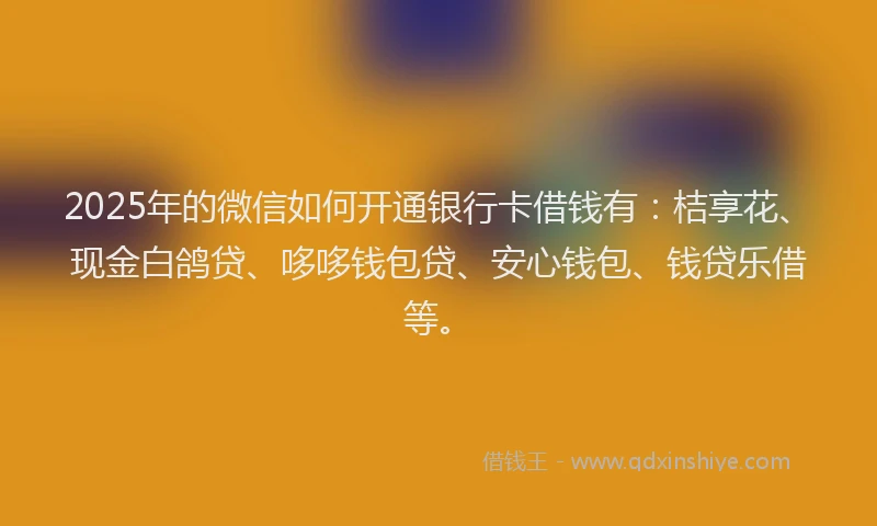 2025年的微信如何开通银行卡借钱有：桔享花、现金白鸽贷、哆哆钱包贷、安心钱包、钱贷乐借等。