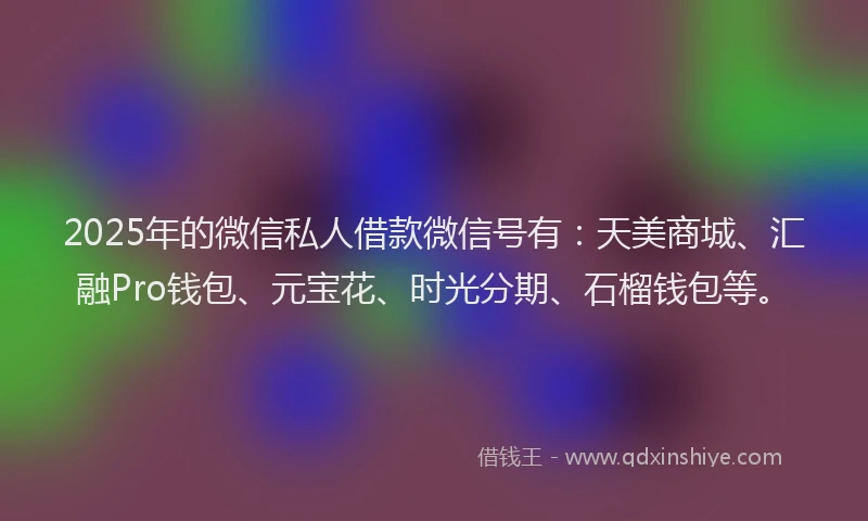 2025年的微信私人借款微信号有：天美商城、汇融Pro钱包、元宝花、时光分期、石榴钱包等。